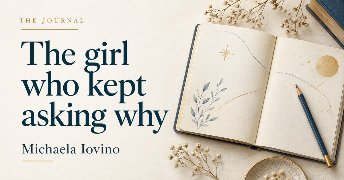 “The girl who kept asking why” by Michaela Iovino, beside an open sketchbook and pencil.