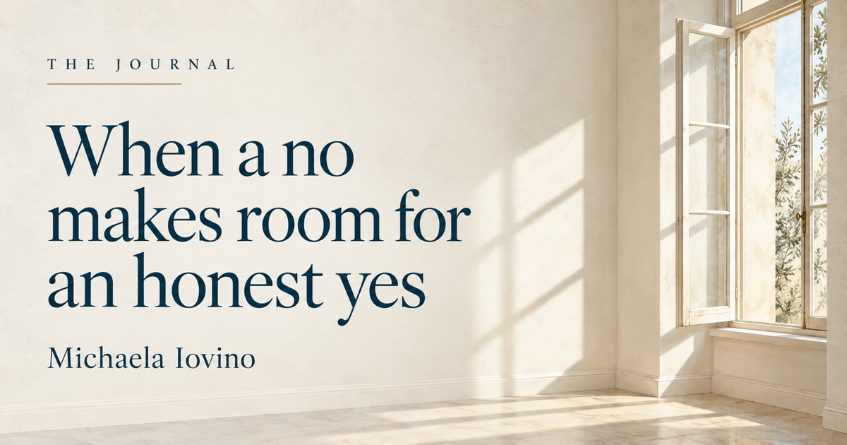 “When a no makes room for an honest yes” by Michaela Iovino, beside a sunlit open window.
